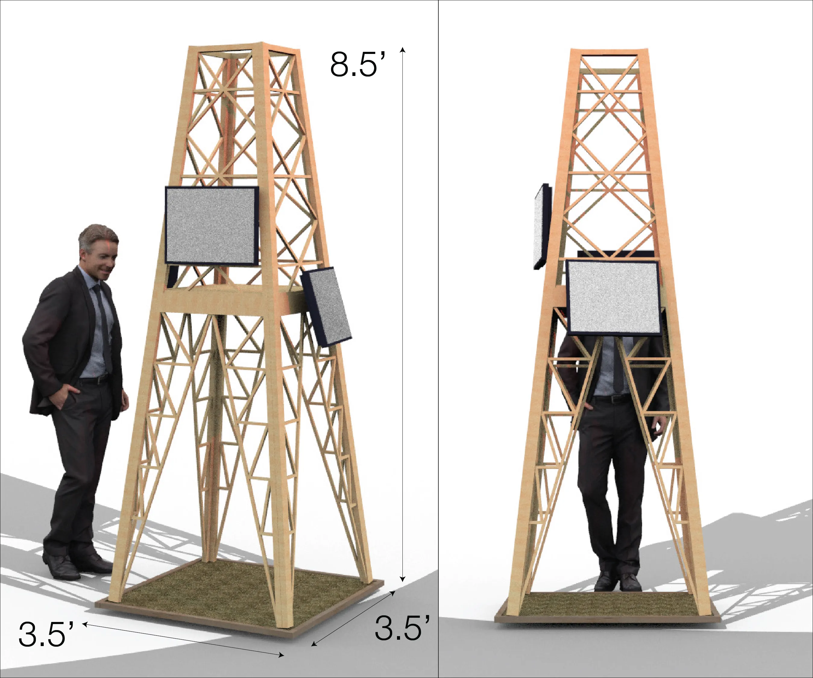 A man is staring at a computer screen mounted to the side of a wooden tower, taller than he is