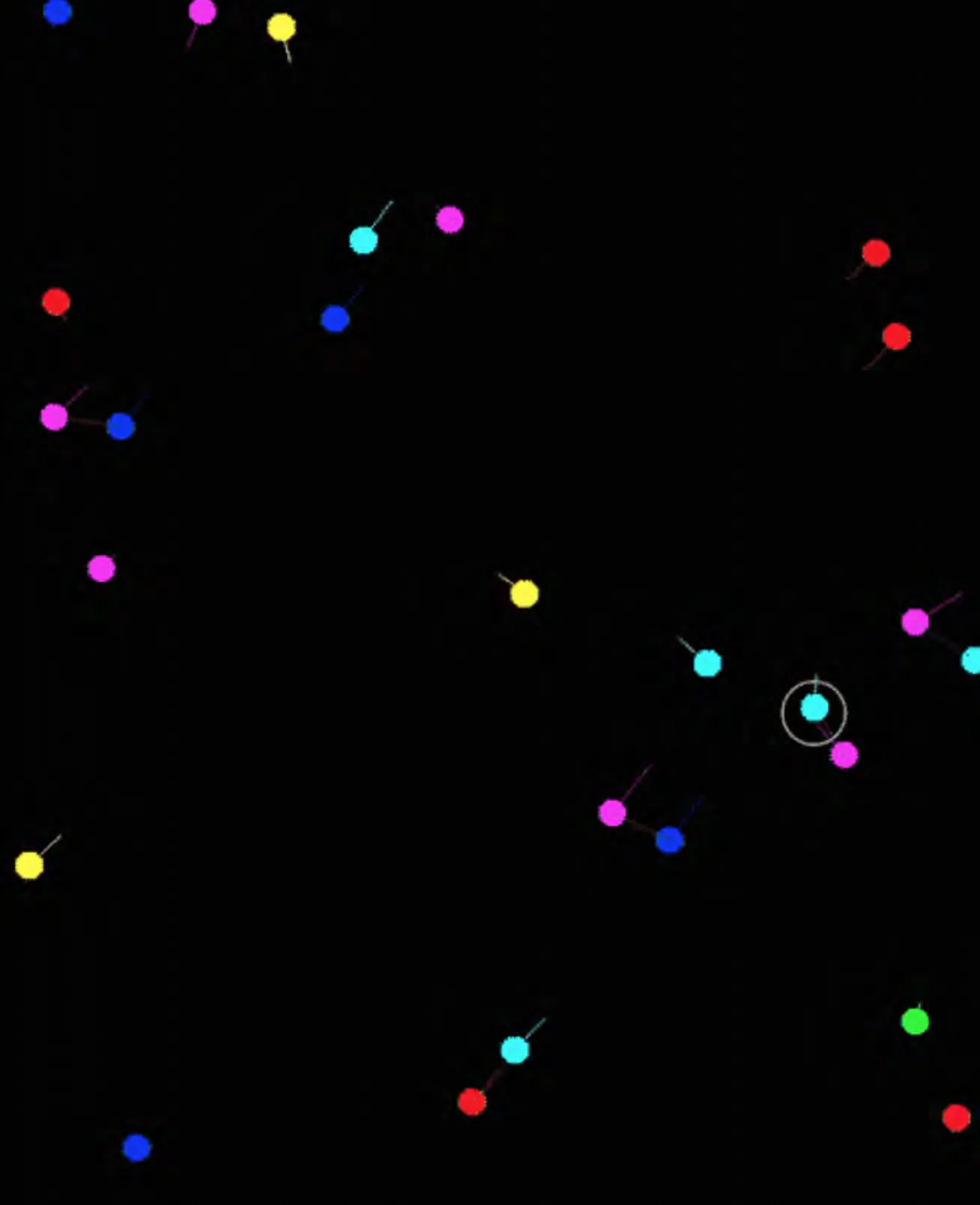 Small circles abstractly depict the characters moving